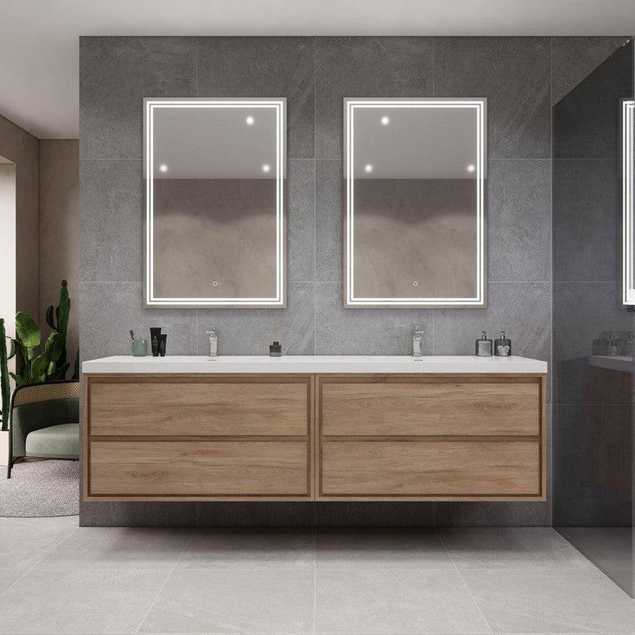 Eden 84&quot; White Oak Wall-Mounted Modern Vanity With Double Reinforced White Acrylic Sinks