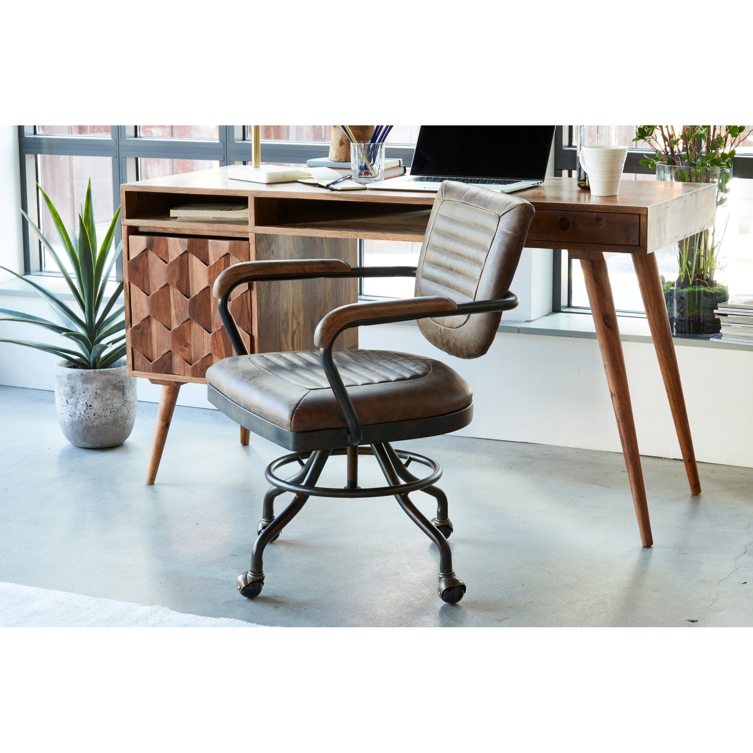 Bennie Dining Chair Grazed Brown Leather - Set Of Two Dining Chairs, Brown / Iron Frame