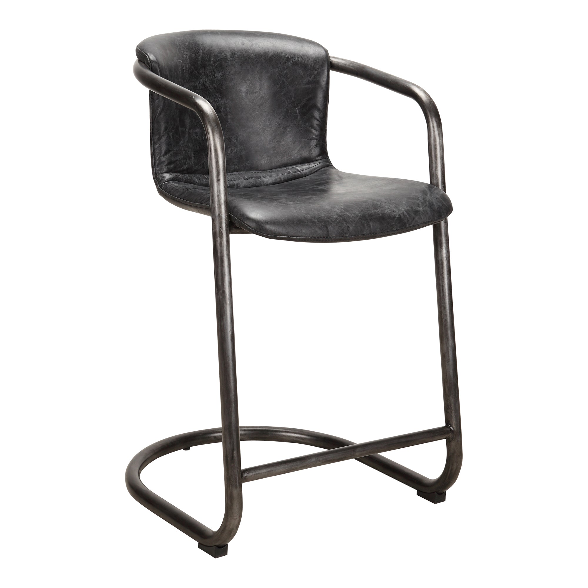 Freeman Barstool Grazed Brown Leather - Set Of Two Bar Stools, Brown / Iron Frame