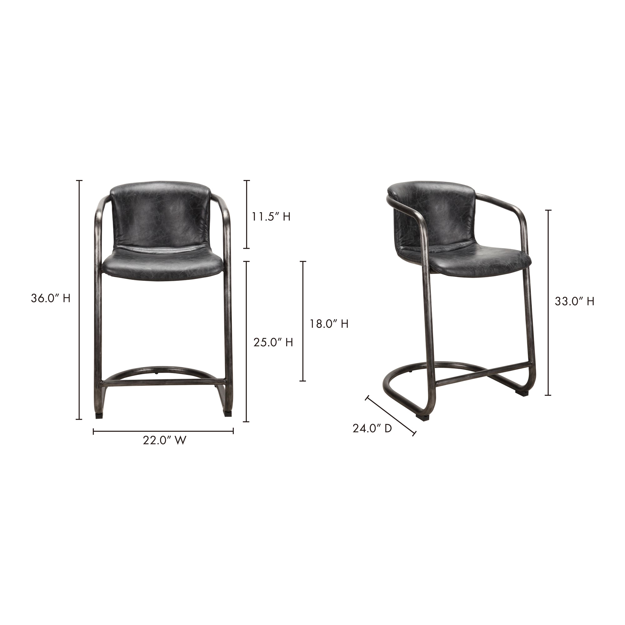 Freeman Barstool Grazed Brown Leather - Set Of Two Bar Stools, Brown / Iron Frame