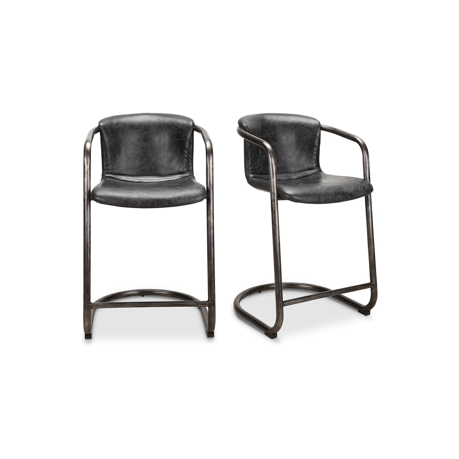 Freeman Barstool Grazed Brown Leather - Set Of Two Bar Stools, Brown / Iron Frame