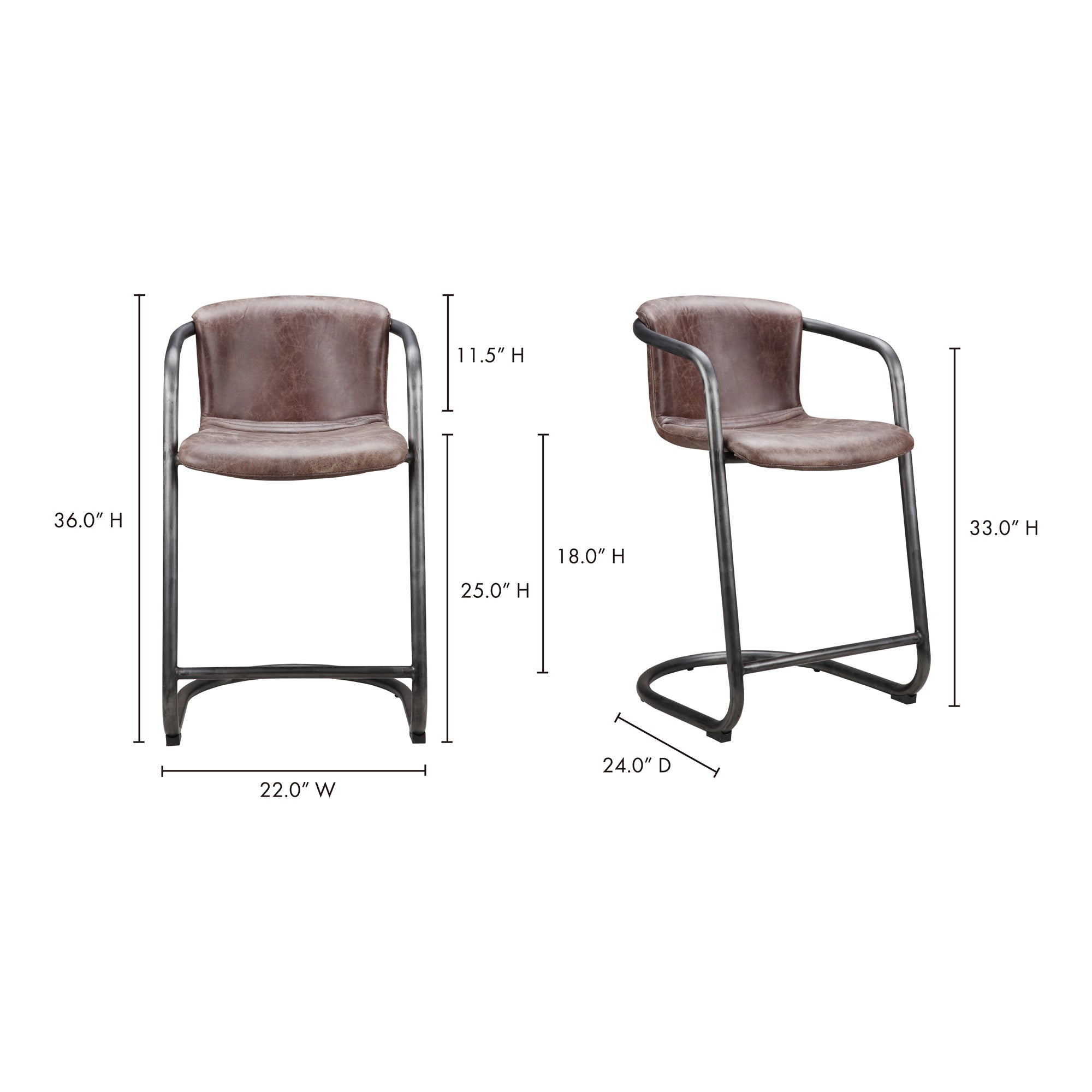 Freeman Counter Stool Onyx Black Leather - Set Of Two Counter Stools, Black / Iron Frame