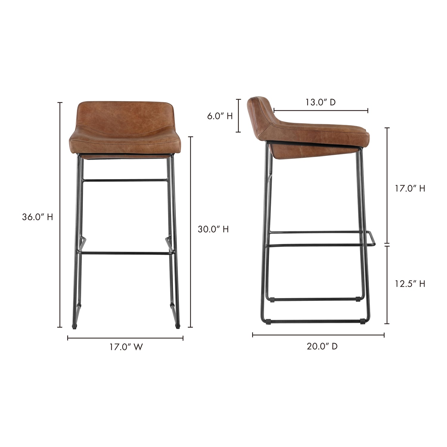 Starlit Counter Stool Open Road Brown Leather - Set Of Two Counter Stools, Brown / Iron Legs