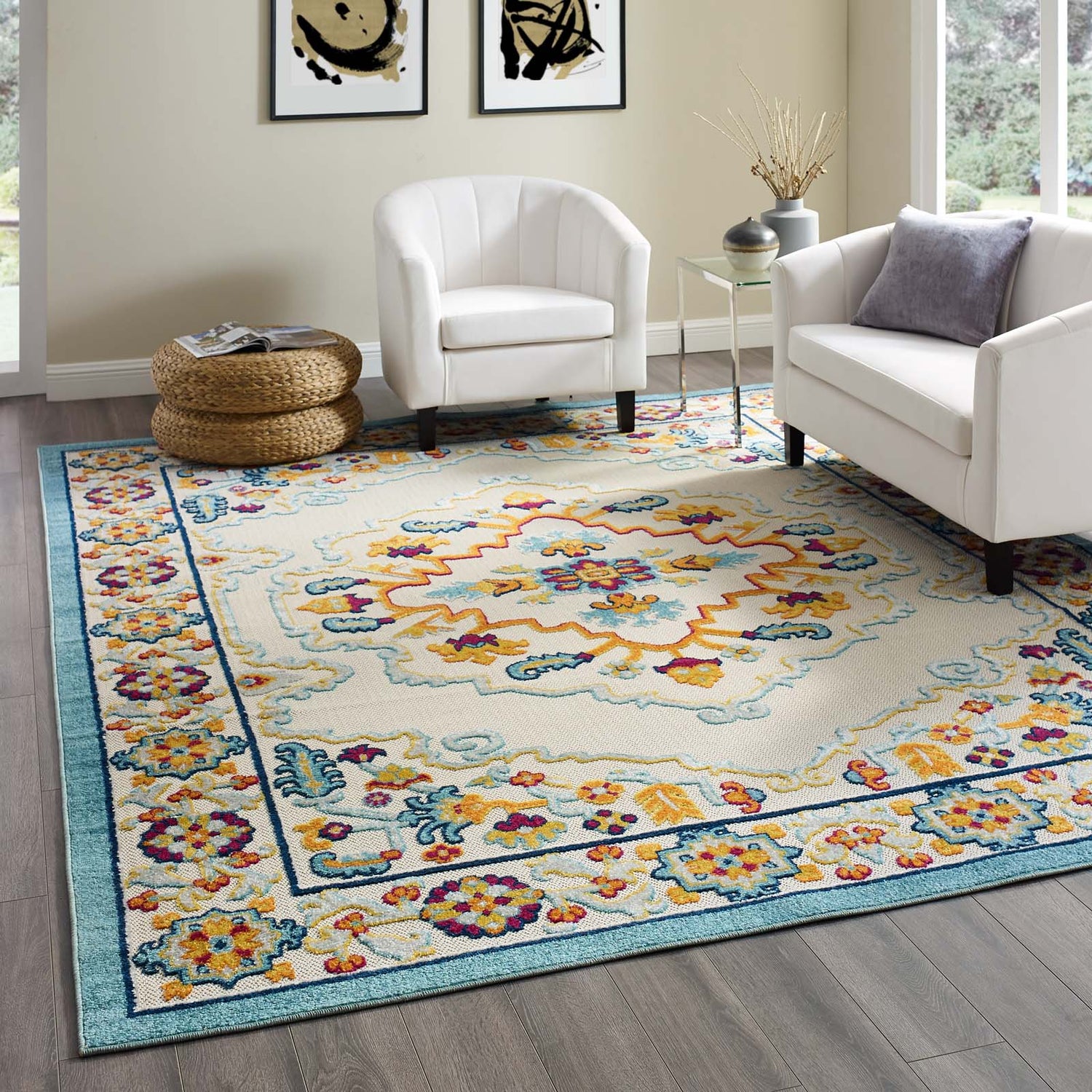Reflect Ansel Distressed Floral Vintage Medallion Indoor and Outdoor Area Rug by Modway