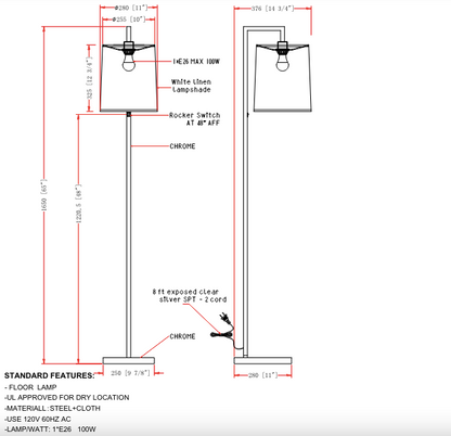 Modern UL Approved Floor Lamp - Steel &amp; Cloth, 120V 60Hz AC, E26 100W Bulb(Bulb Not included)