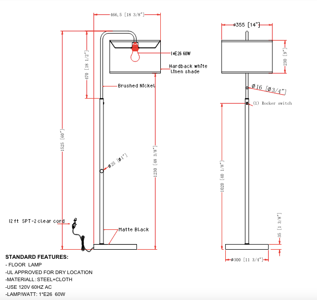 Modern Steel &amp; Cloth Floor Lamp - UL Approved for Dry Locations, 120V 60Hz AC, 1*E26 60W Bulb(Bulb Not included)