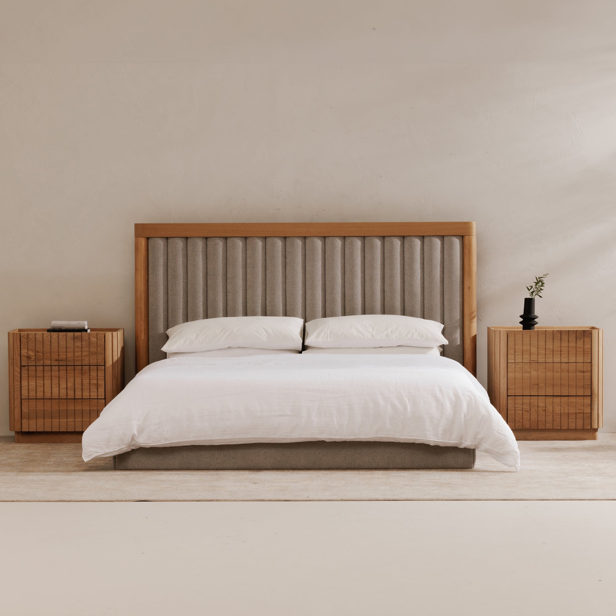 Nia Queen Bed Beds, Grey / Oak Veneer over MDF Frame