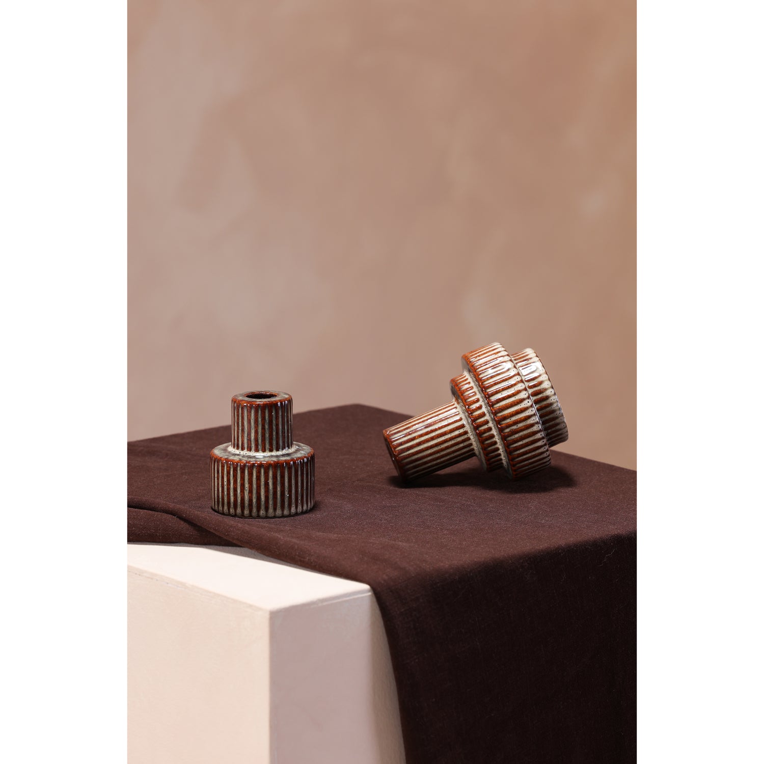 Maude Stoneware Candle Holder Small Tabletop Accents, Brown