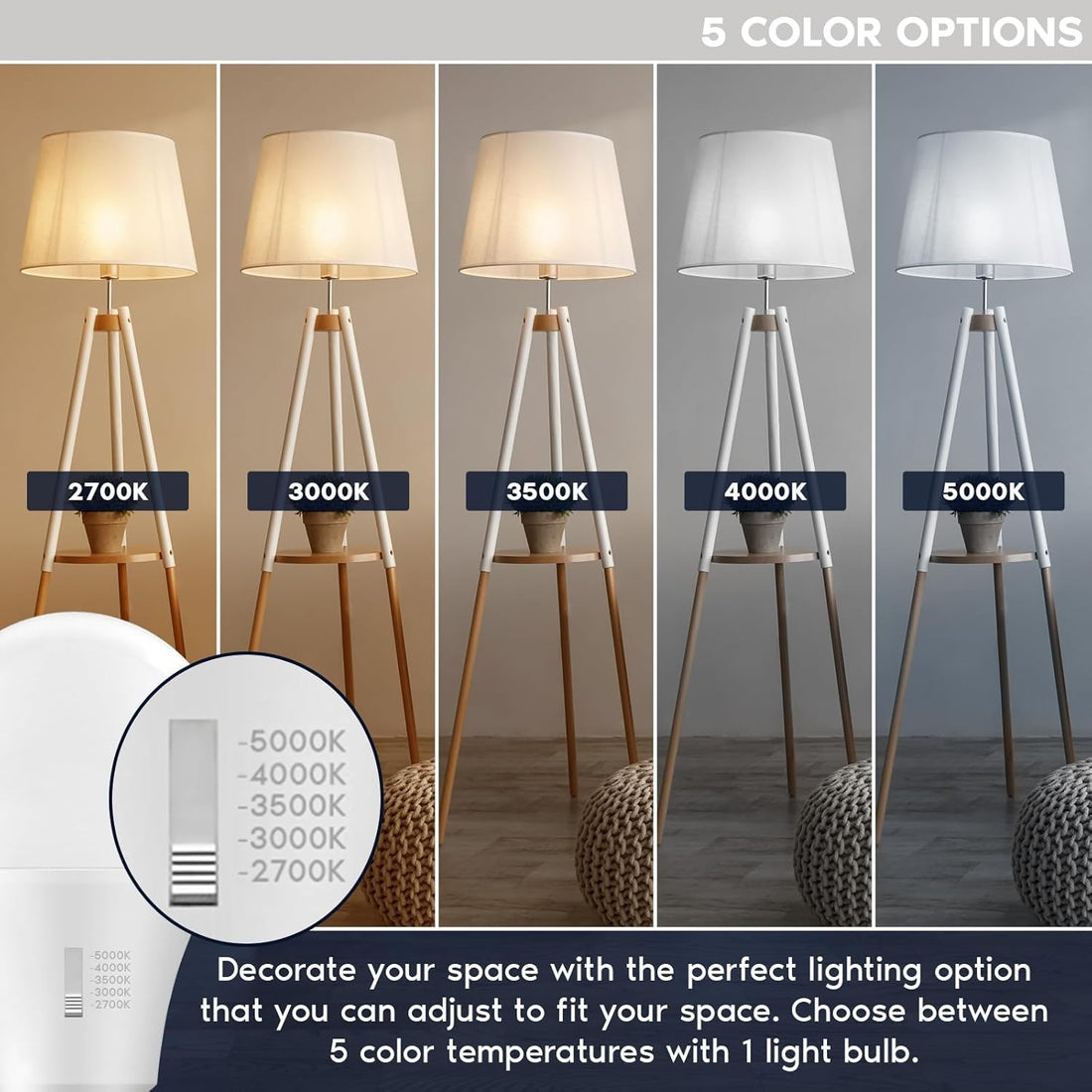 A19 Dimmable LED Bulb, 9W (60W Equivalent), 800 Lumens, 5-Color Selectable (2700K, 3000K, 3500K, 4000K, 5000K), 5CCT, ETL,FCC,T20