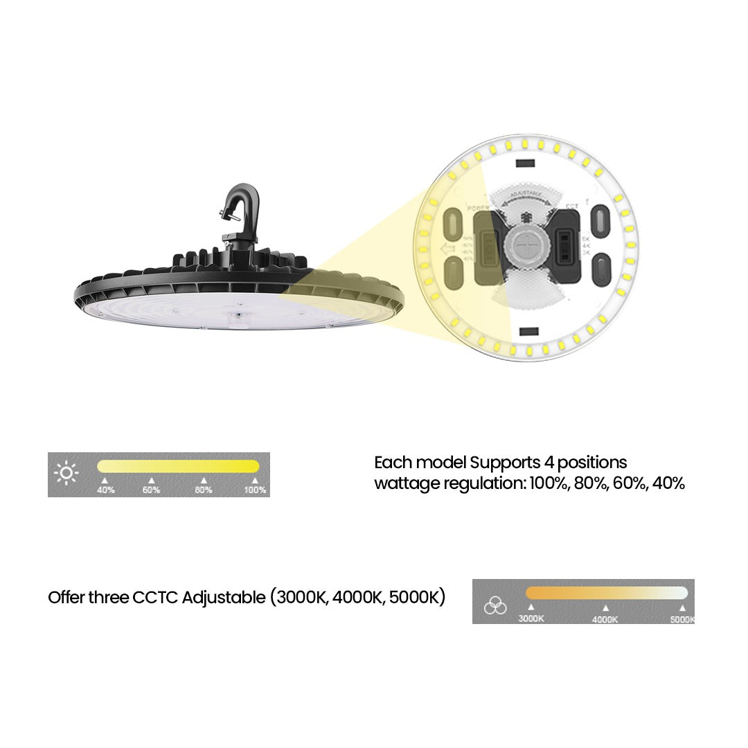 UFO LED High Bay Light 100W/150W/160W Wattage Adjustable, CCT Changeable (3000K/4000K/5000K), 0-10V Dim, 150 LM/W, AC120-277V, UL DLC Premium, Bronze, For Warehouse Workshop Factory Barn