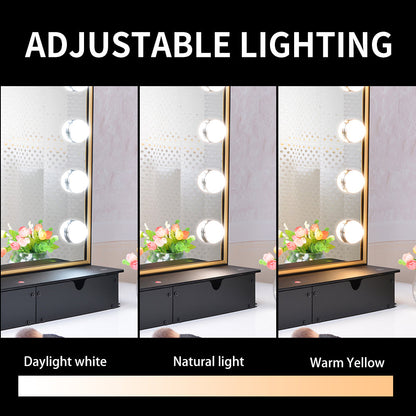 Lighted Vanity Mirror with Storage Box,Tabletop Hollywood Makeup Mirror with 15pcs lights,Detachable 10X Cosmetic Round Mirror