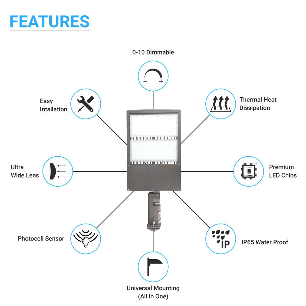 LED Pole Light with Dusk-to-Dawn Photocell, 300W/240W/200W Adjustable, 5700K, 133LM/W, Universal Mount, IP65 Waterproof, AC120-277V Ð Outdoor Parking Lot &amp; Street Lighting