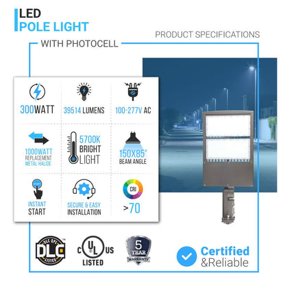 LED Pole Light with Dusk-to-Dawn Photocell, 300W/240W/200W Adjustable, 5700K, 133LM/W, Universal Mount, IP65 Waterproof, AC120-277V Ð Outdoor Parking Lot &amp; Street Lighting