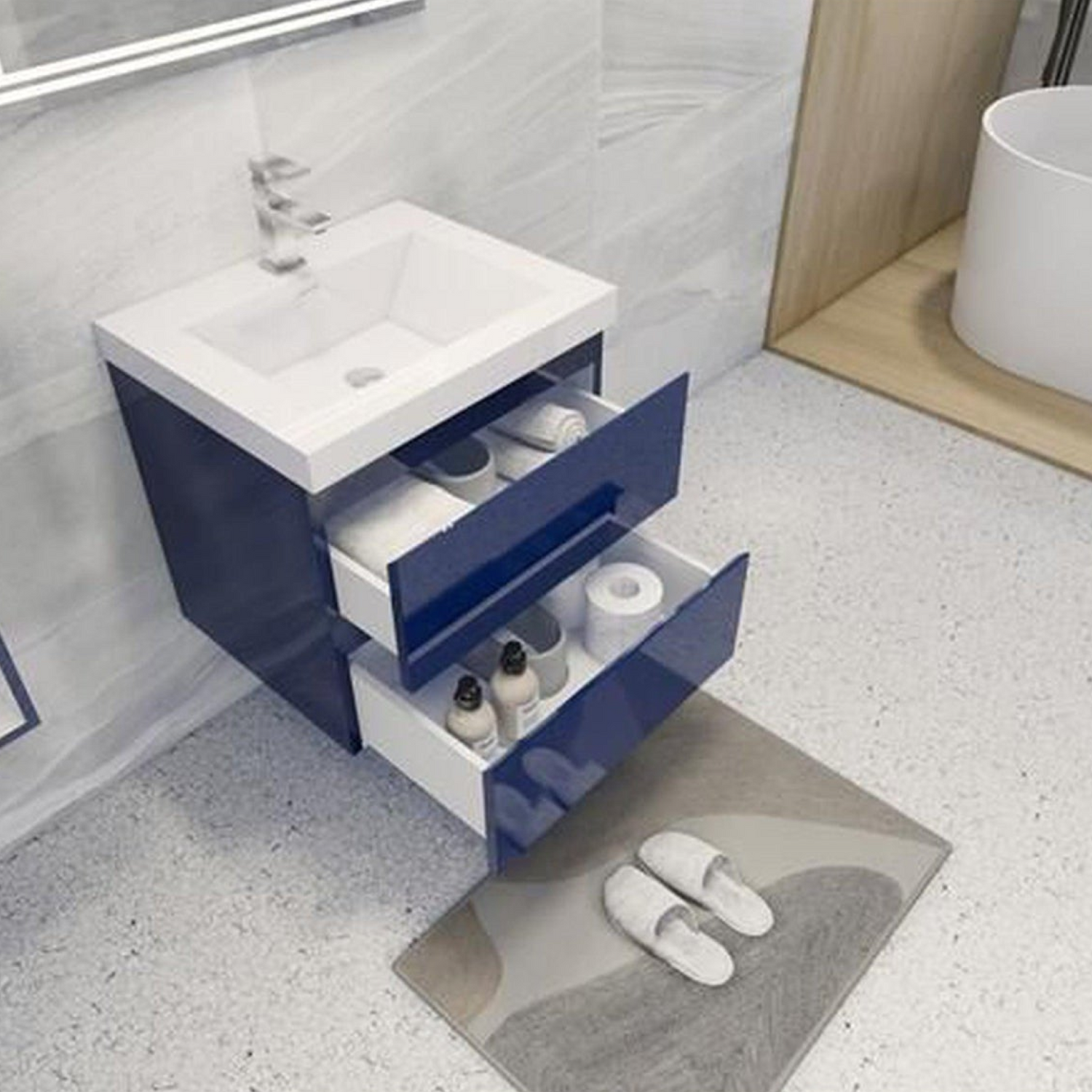 Boho Elegance 24&quot; High Gloss Night Blue Wall-Mounted Vanity With Single Reinforced White Acrylic Sink