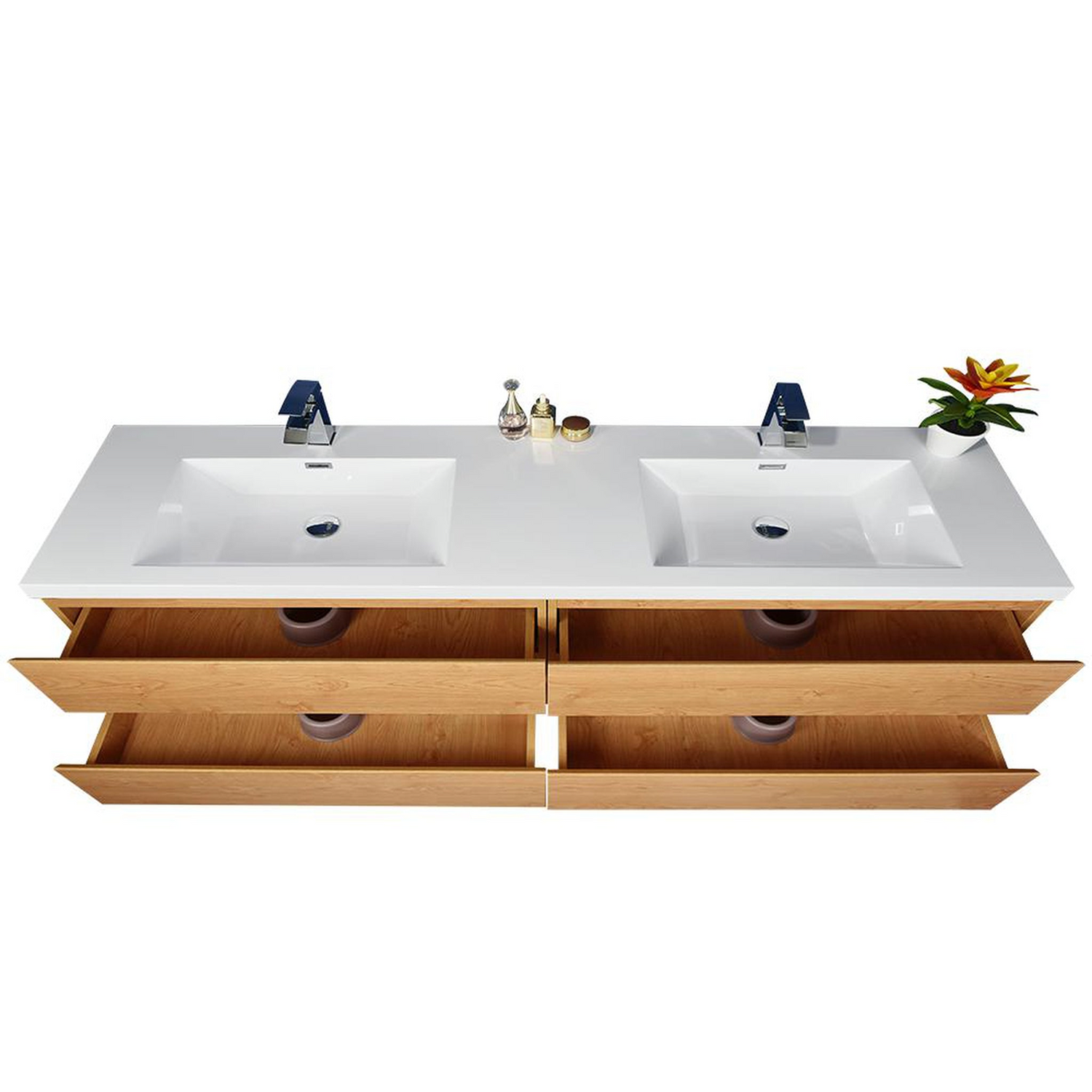 Boho Elegance 84&quot; New England Oak Wall-Mounted Vanity With Double Reinforced White Acrylic Sinks
