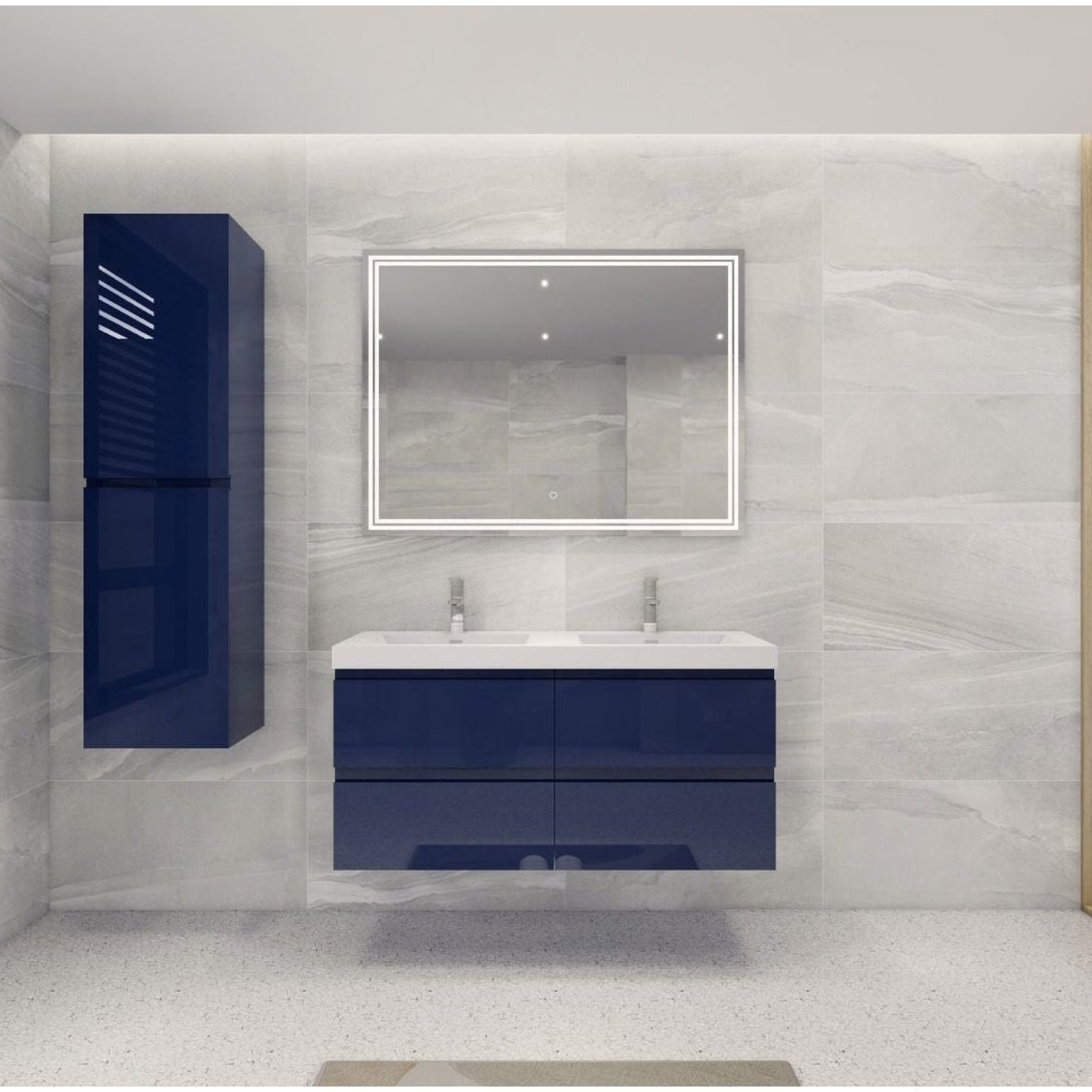 Boho Elegance 48&quot; High Gloss Night Blue Wall-Mounted Vanity With Double Reinforced White Acrylic Sinks