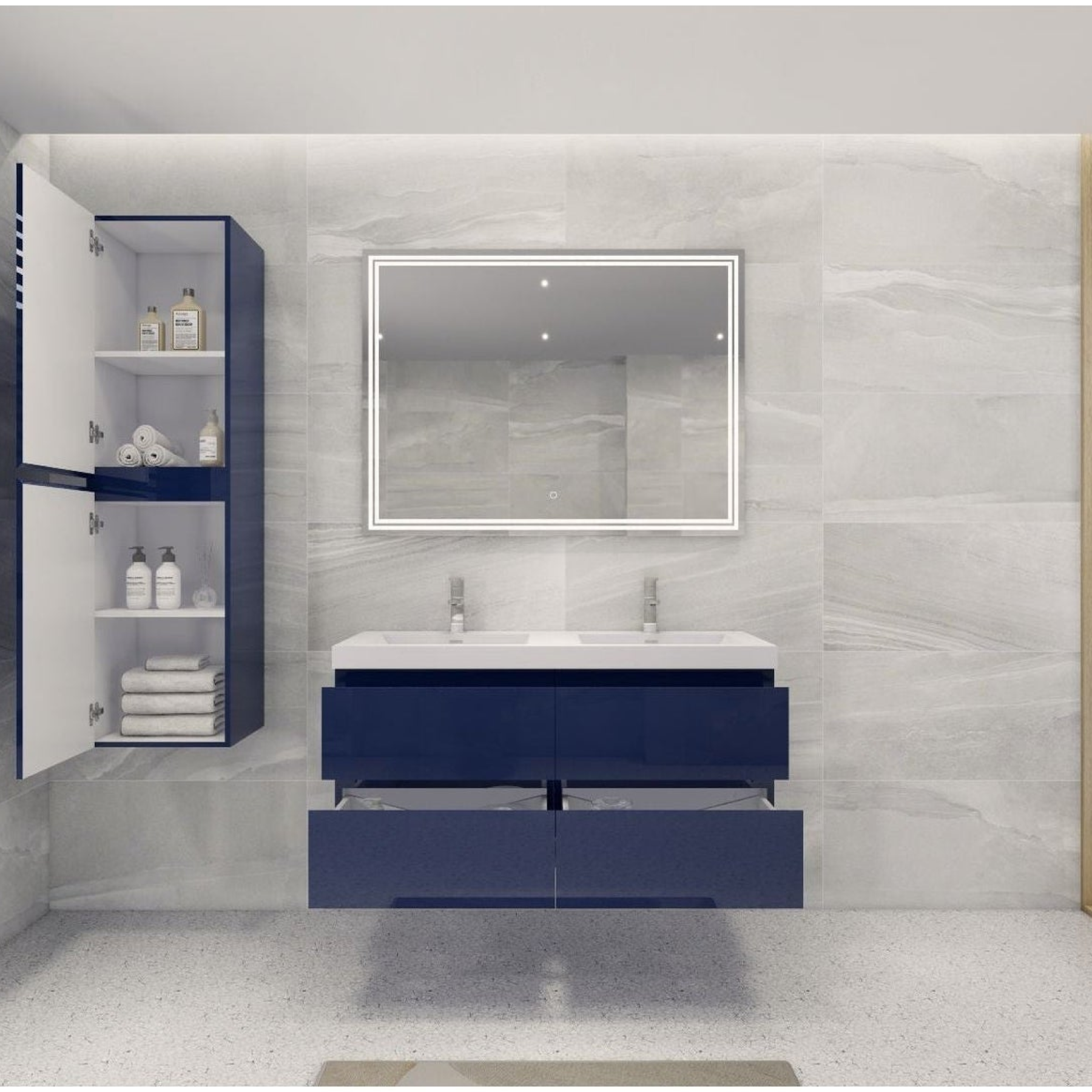 Boho Elegance 48&quot; High Gloss Night Blue Wall-Mounted Vanity With Double Reinforced White Acrylic Sinks