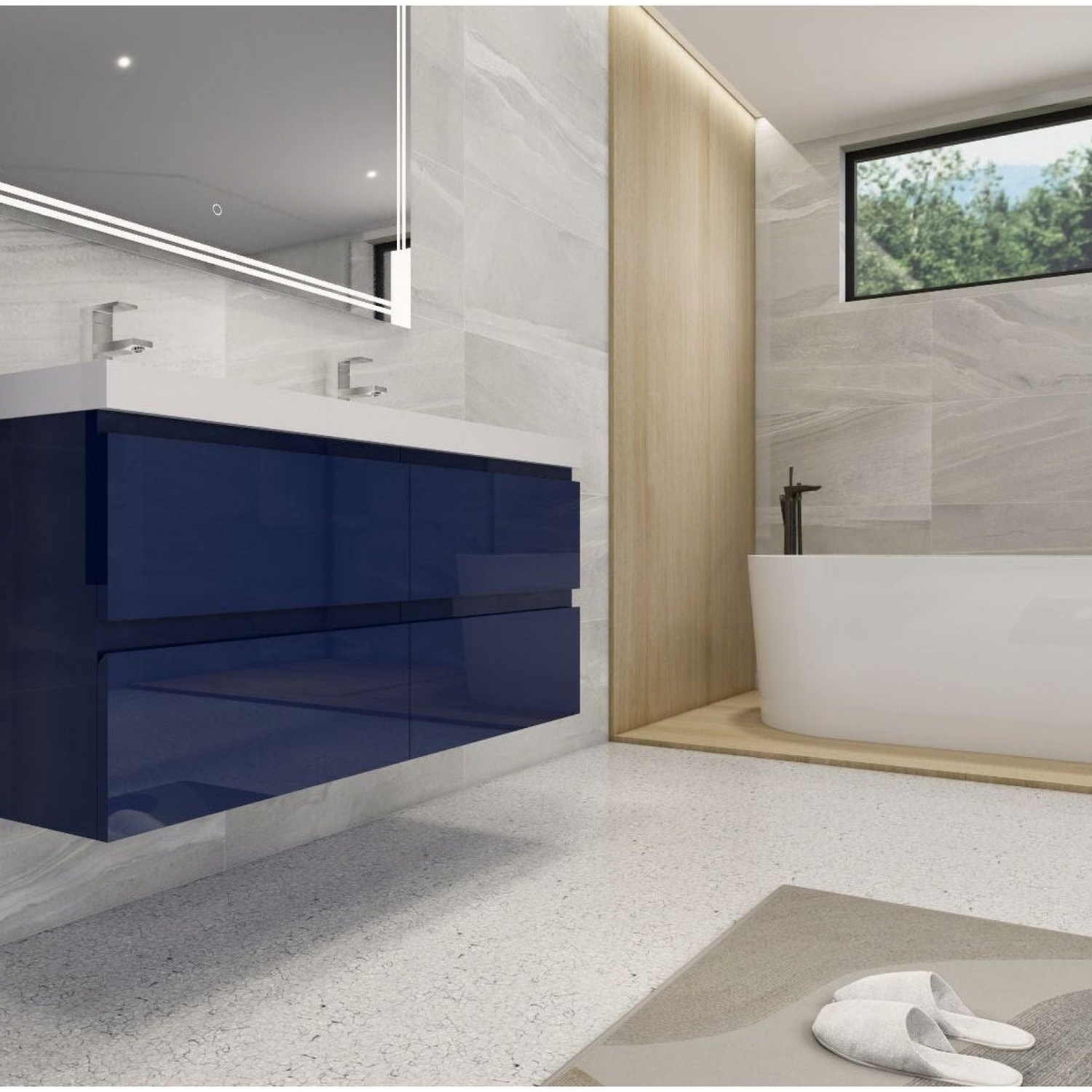 Boho Elegance 48&quot; High Gloss Night Blue Wall-Mounted Vanity With Double Reinforced White Acrylic Sinks