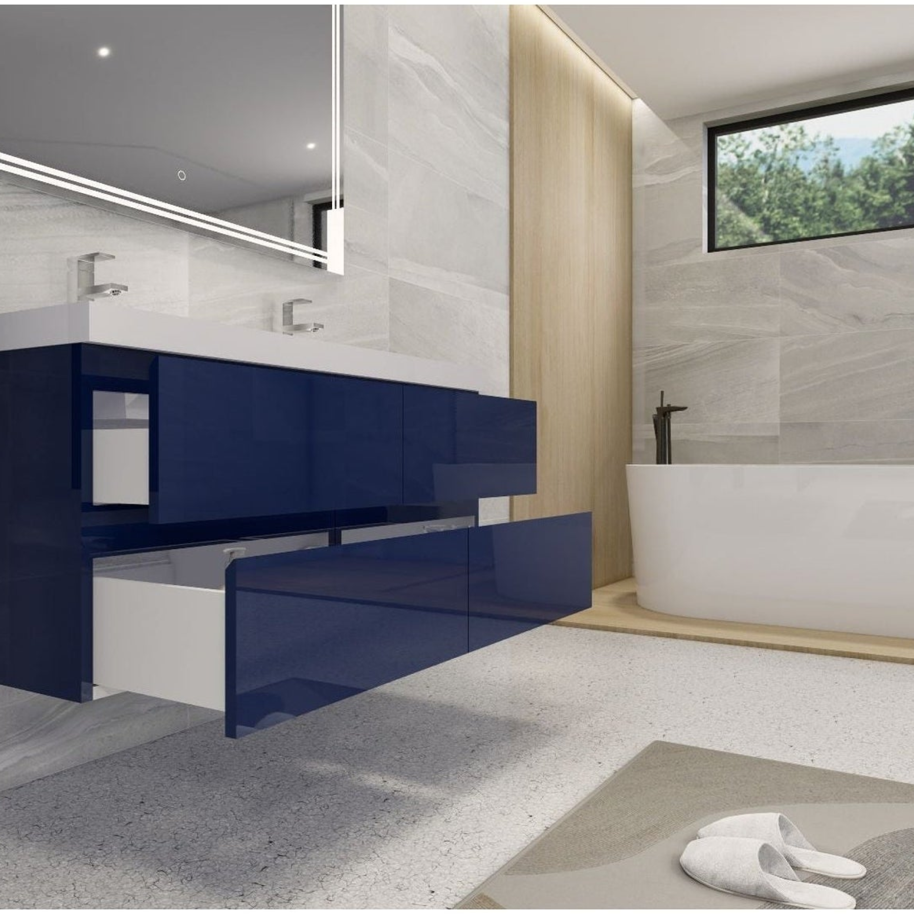 Boho Elegance 48&quot; High Gloss Night Blue Wall-Mounted Vanity With Double Reinforced White Acrylic Sinks