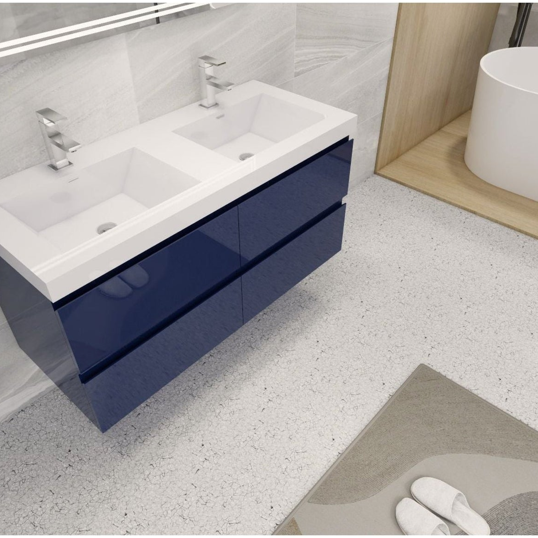 Boho Elegance 48&quot; High Gloss Night Blue Wall-Mounted Vanity With Double Reinforced White Acrylic Sinks