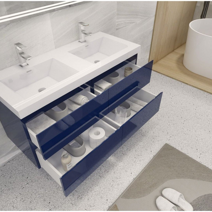 Boho Elegance 48&quot; High Gloss Night Blue Wall-Mounted Vanity With Double Reinforced White Acrylic Sinks