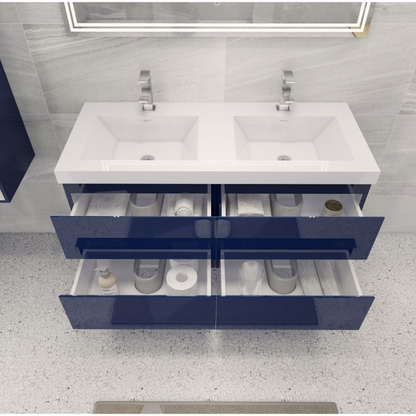 Boho Elegance 48&quot; High Gloss Night Blue Wall-Mounted Vanity With Double Reinforced White Acrylic Sinks
