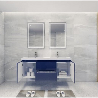 Boho Elegance 60&quot; High Gloss Night Blue Wall-Mounted Vanity With Double Reinforced White Acrylic Sinks