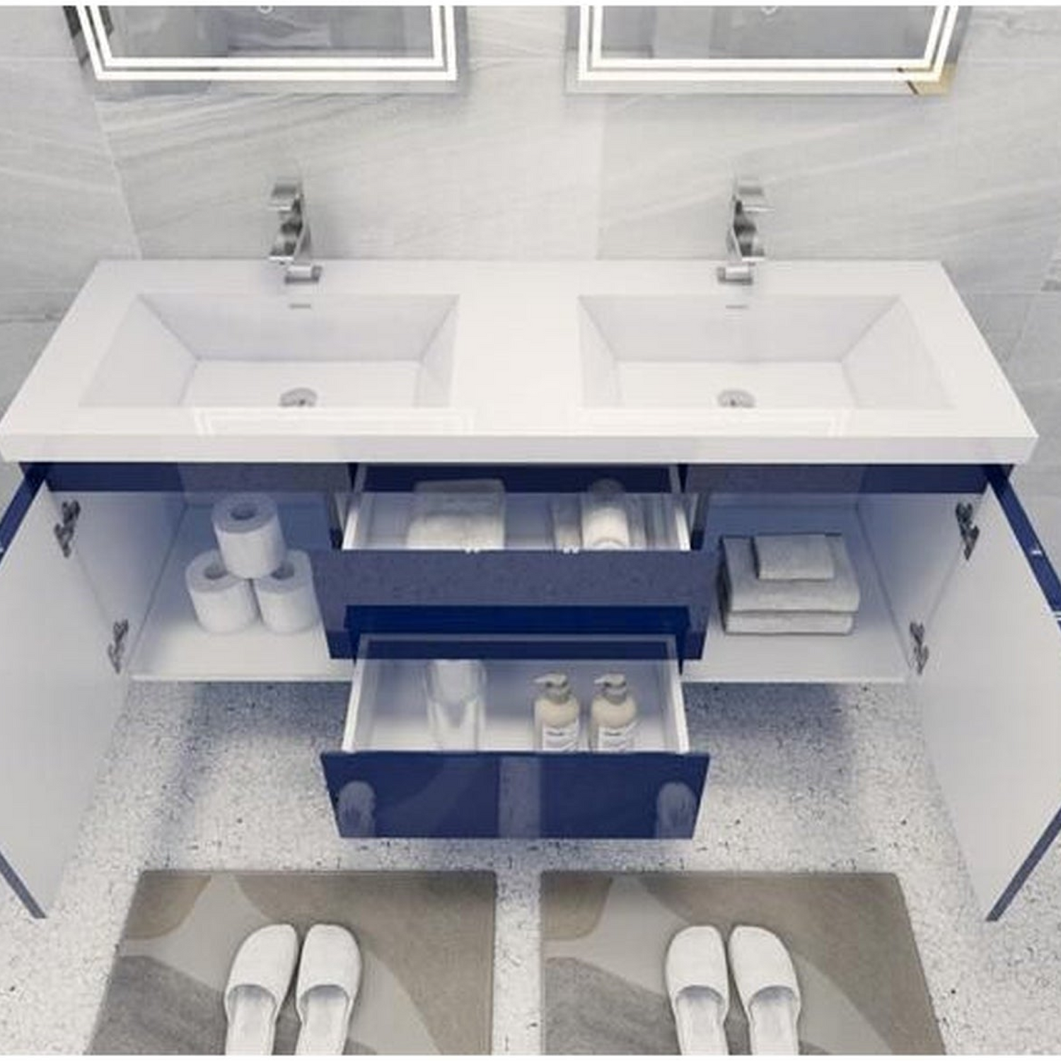 Boho Elegance 60&quot; High Gloss Night Blue Wall-Mounted Vanity With Double Reinforced White Acrylic Sinks