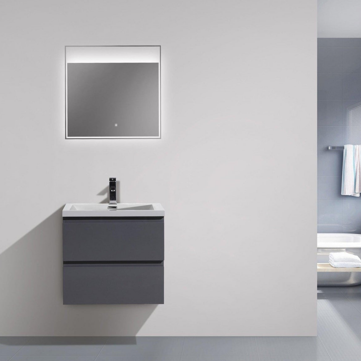 Boho Elegance 24&quot; High Gloss Gray Wall-Mounted Vanity With Single Reinforced White Acrylic Sink