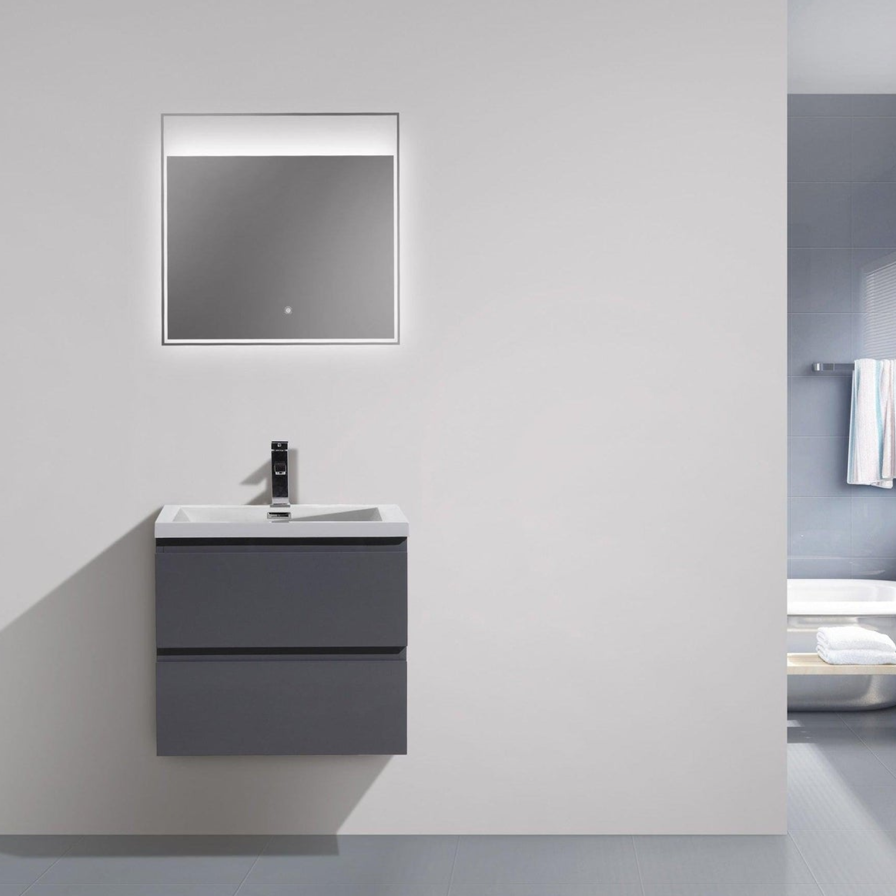 Boho Elegance 24&quot; High Gloss Gray Wall-Mounted Vanity With Single Reinforced White Acrylic Sink