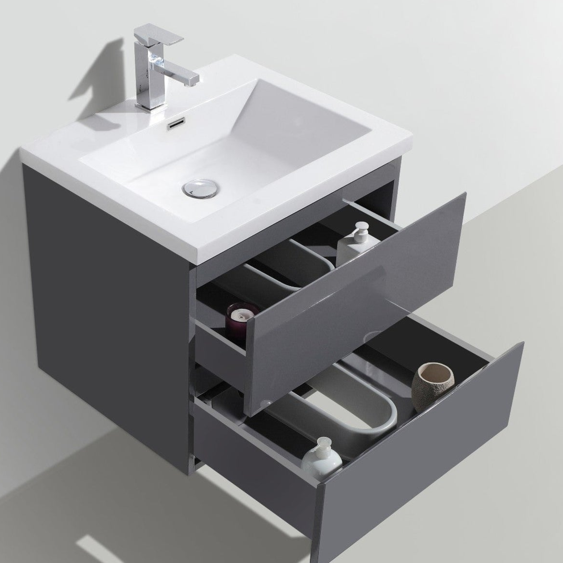 Boho Elegance 24&quot; High Gloss Gray Wall-Mounted Vanity With Single Reinforced White Acrylic Sink