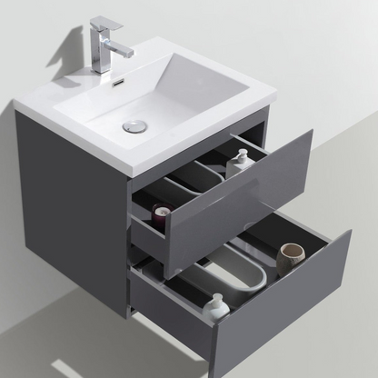 Boho Elegance 24&quot; High Gloss Gray Wall-Mounted Vanity With Single Reinforced White Acrylic Sink