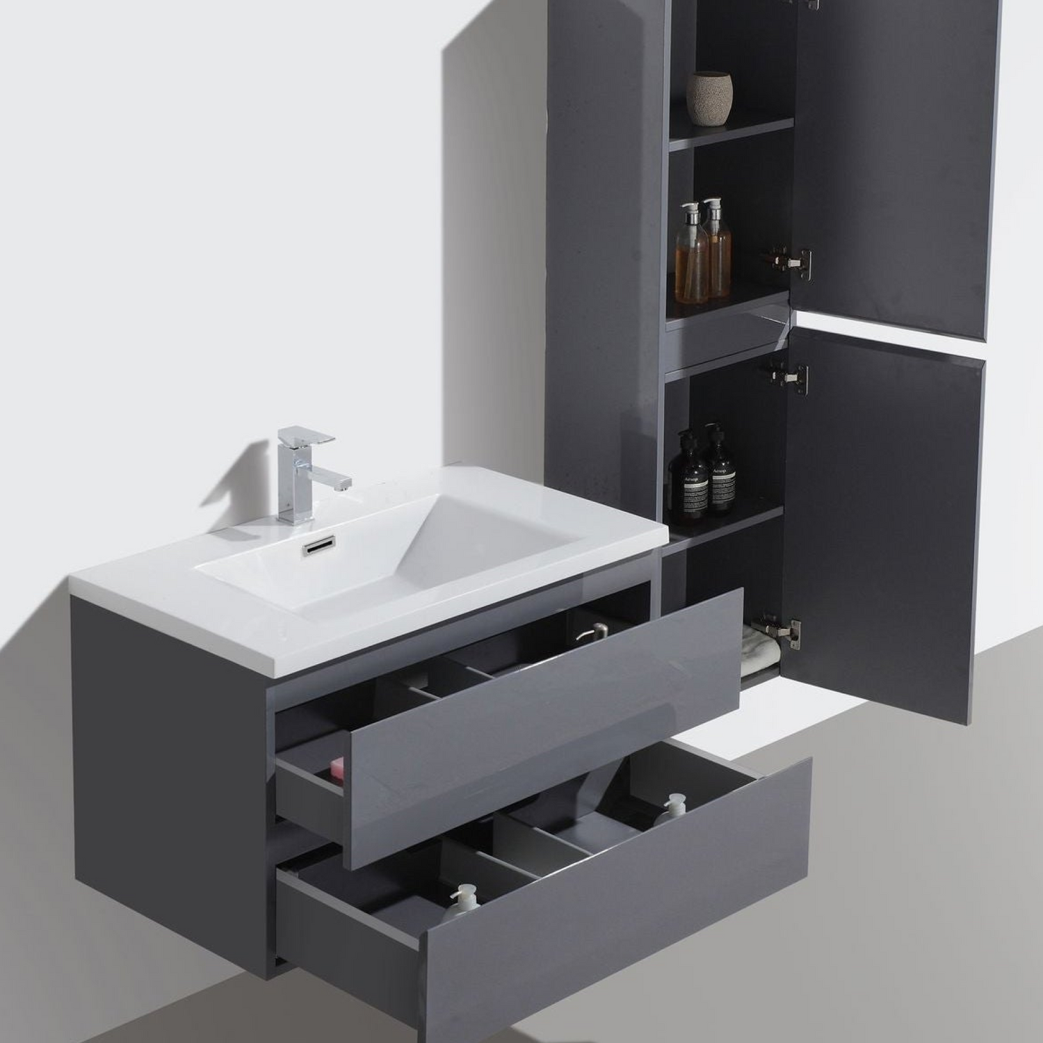 Boho Elegance 36&quot; High Gloss Gray Wall-Mounted Vanity With Single Reinforced White Acrylic Sink
