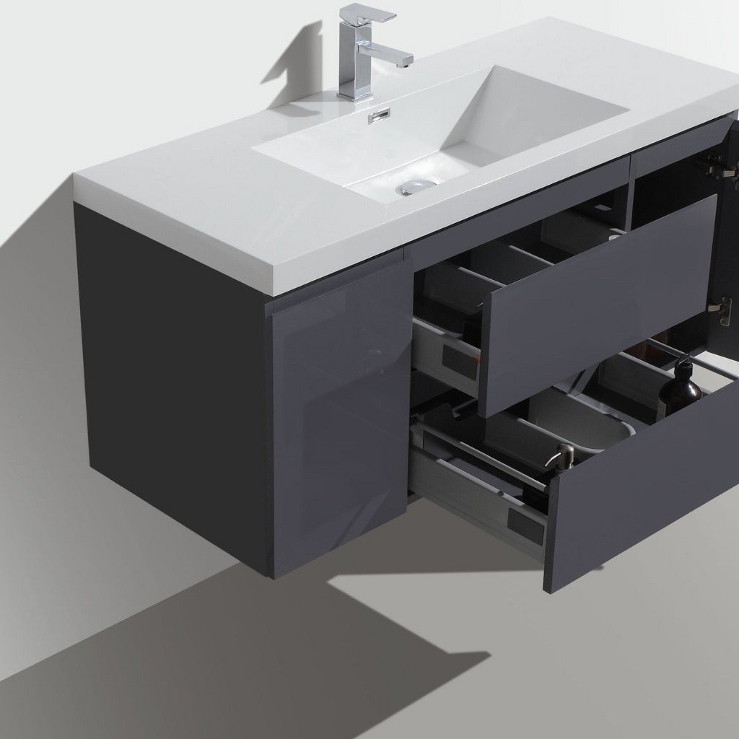 Boho Elegance 48&quot; High Gloss Gray Wall-Mounted Vanity With Single Reinforced White Acrylic Sink