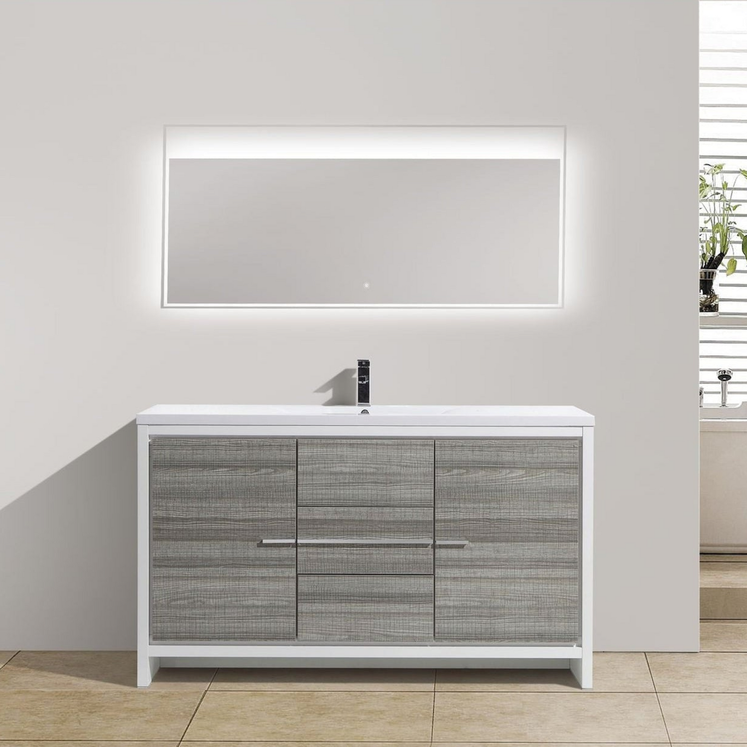 Amara 60&quot; High Gloss Ash Gray Freestanding Vanity With Single Reinforced White Acrylic Sink