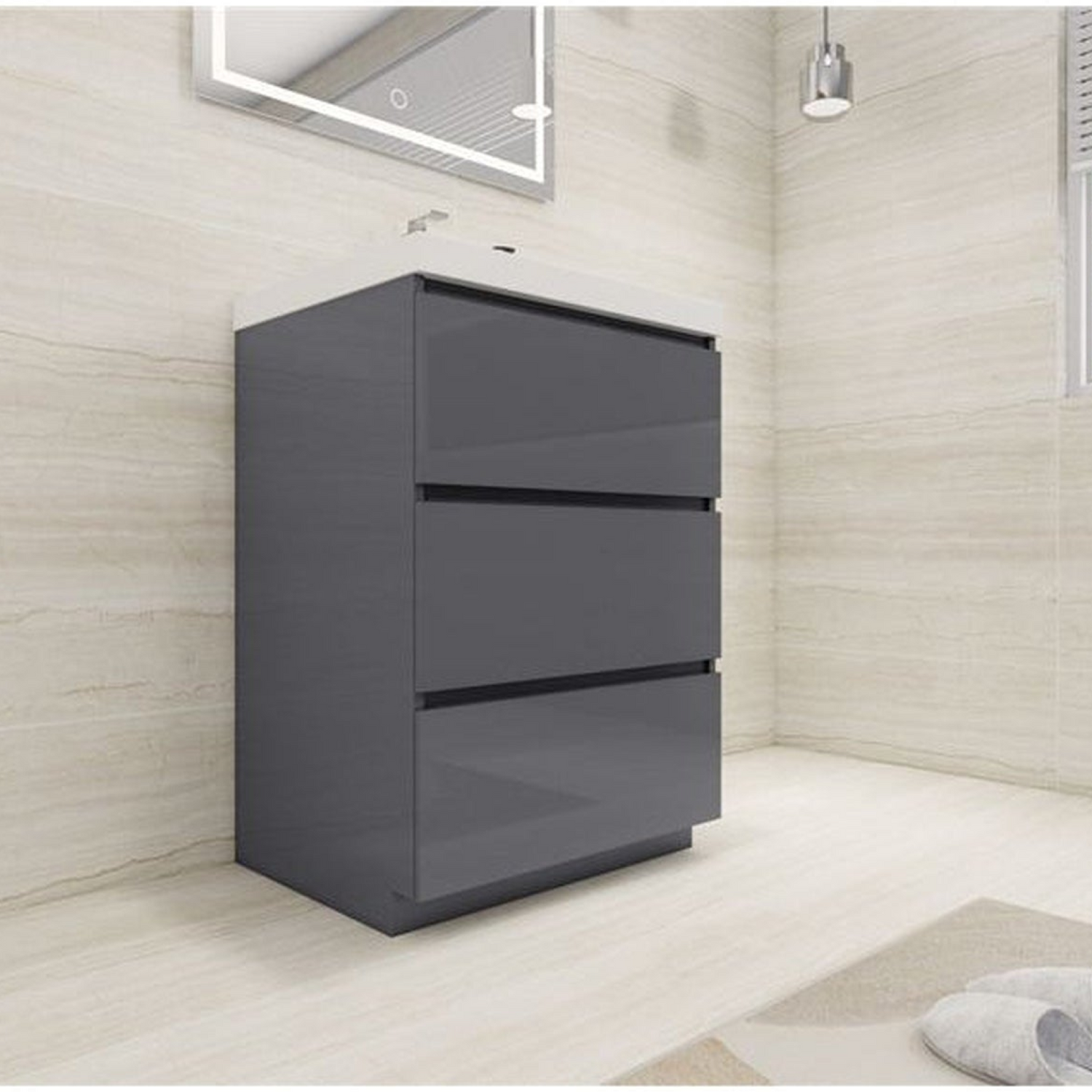 Elysian 24&quot; High Gloss Gray Freestanding Vanity With Single Reinforced White Acrylic Sink