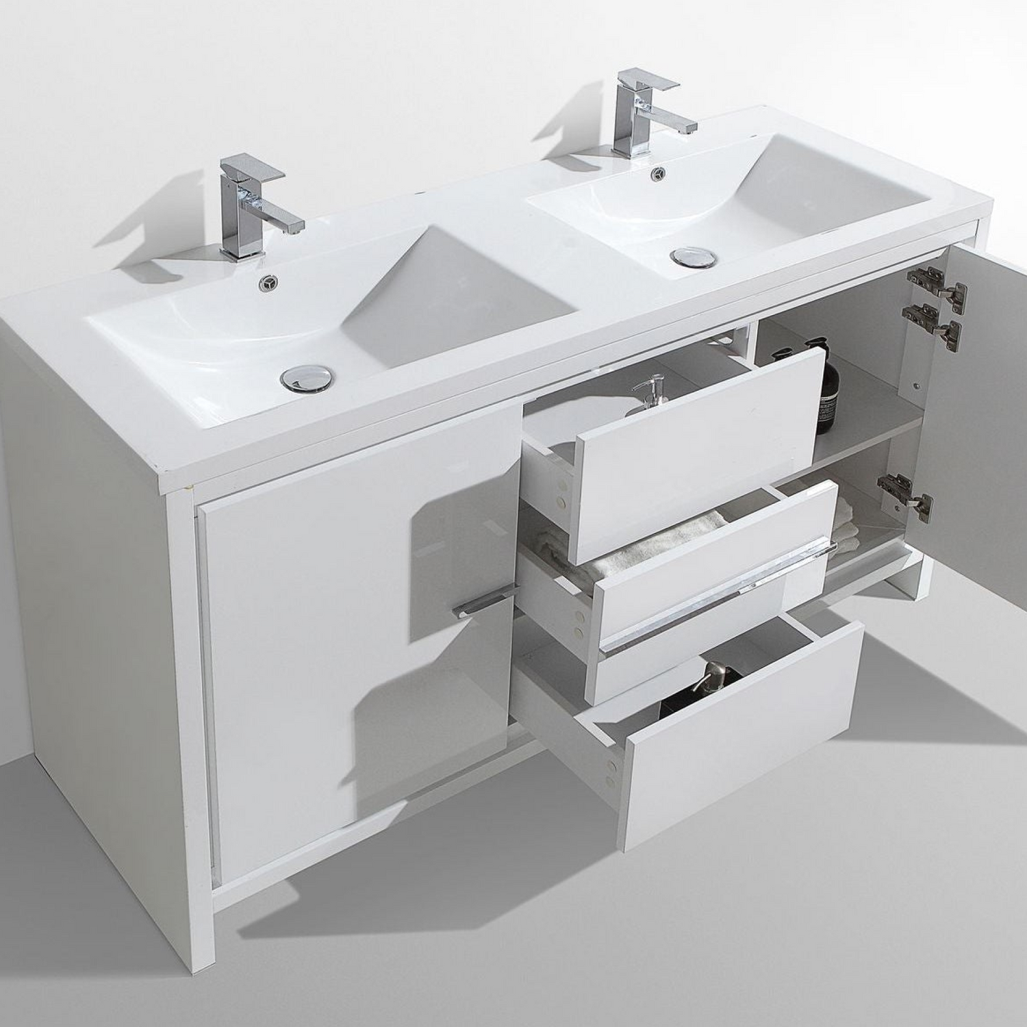 Amara 60&quot; High Gloss White Freestanding Vanity With Double Reinforced White Acrylic Sinks
