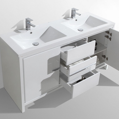 Amara 60&quot; High Gloss White Freestanding Vanity With Double Reinforced White Acrylic Sinks