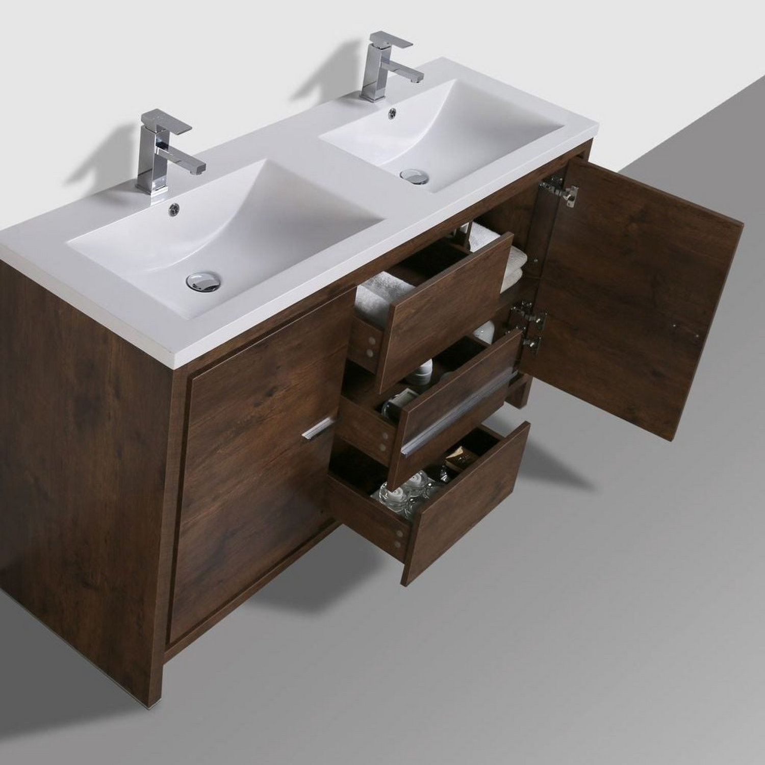 Amara 60&quot; Rosewood Freestanding Vanity With Double Reinforced White Acrylic Sinks