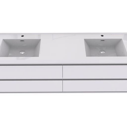 Eden 72&quot; 3-Piece High Gloss White Wall-Mounted Modern Vanity With Double Reinforced White Acrylic Sinks