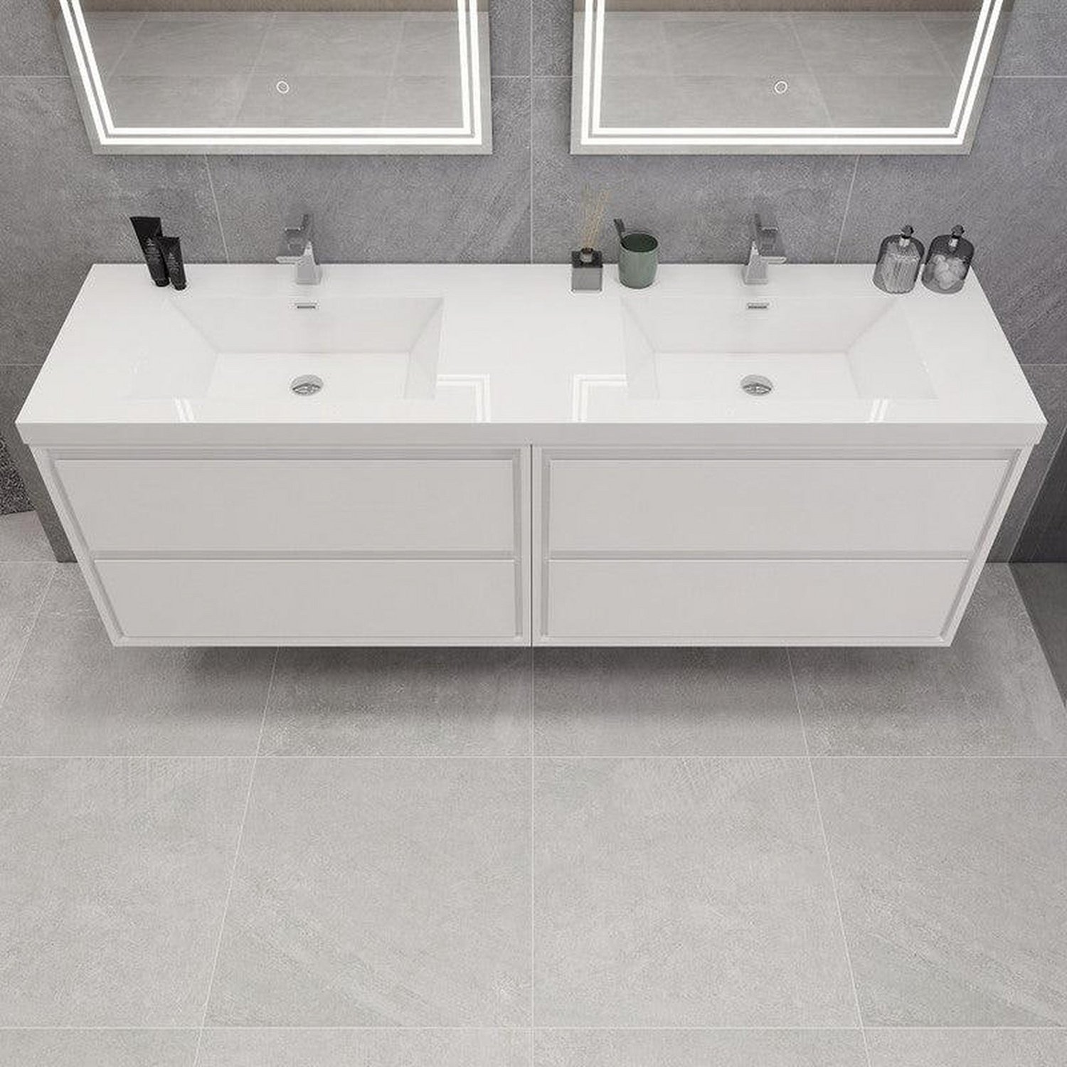 Eden 72&quot; 3-Piece High Gloss White Wall-Mounted Modern Vanity With Double Reinforced White Acrylic Sinks