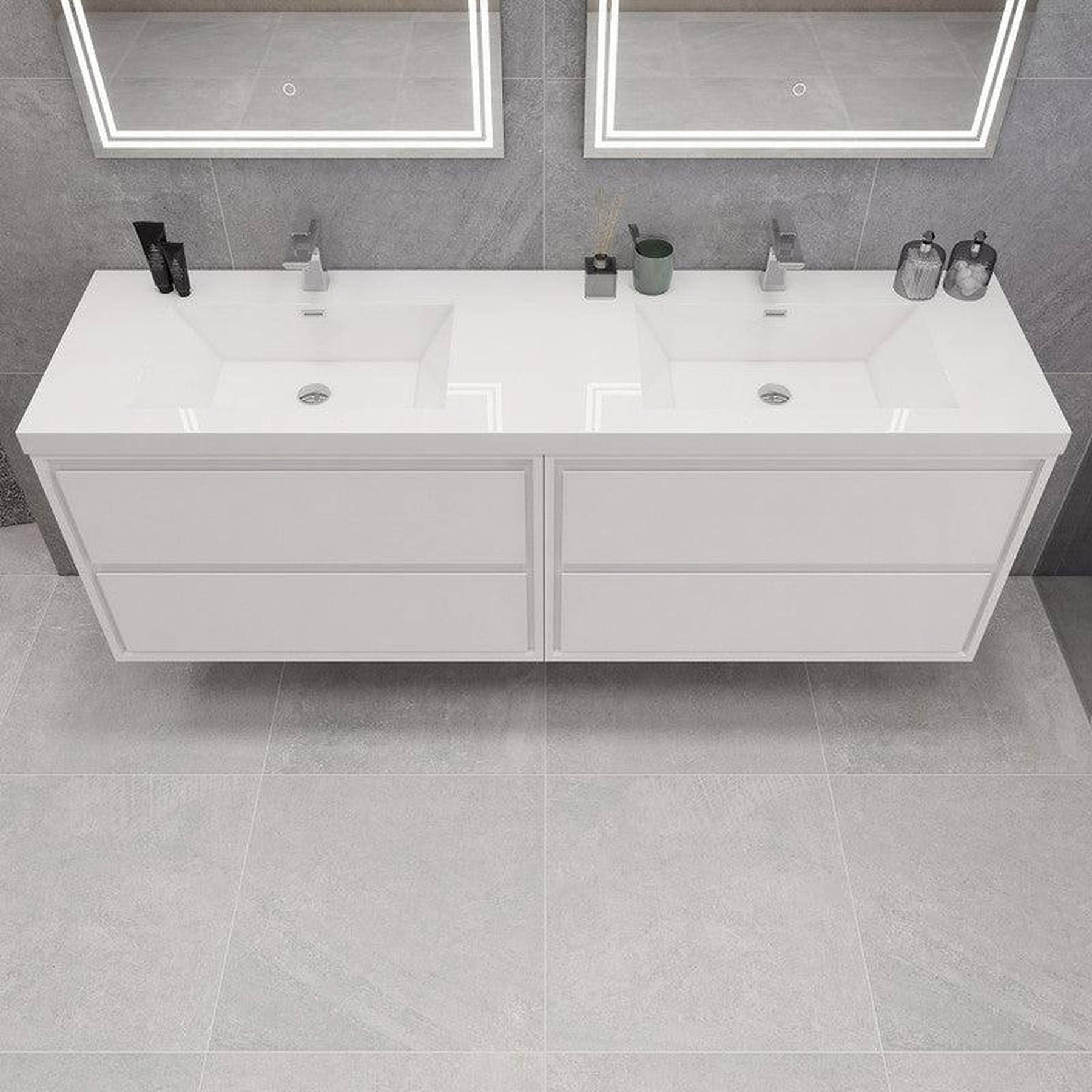 Eden 72&quot; 3-Piece High Gloss White Wall-Mounted Modern Vanity With Double Reinforced White Acrylic Sinks