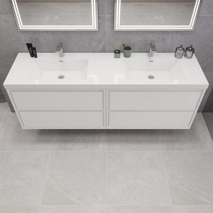 Eden 72&quot; 3-Piece High Gloss White Wall-Mounted Modern Vanity With Double Reinforced White Acrylic Sinks