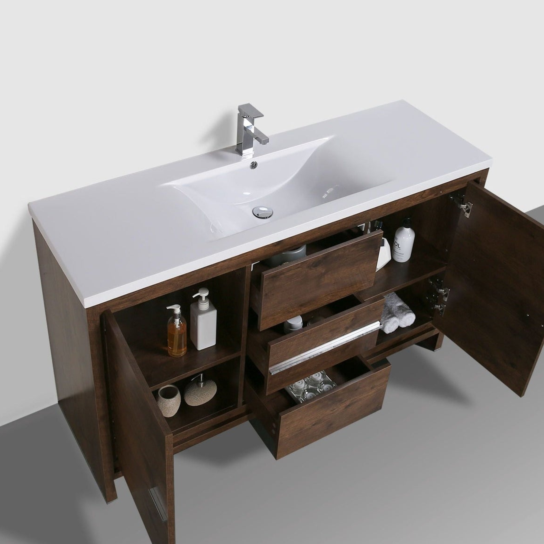 Amara 60&quot; Rosewood Freestanding Vanity With Single Reinforced White Acrylic Sink