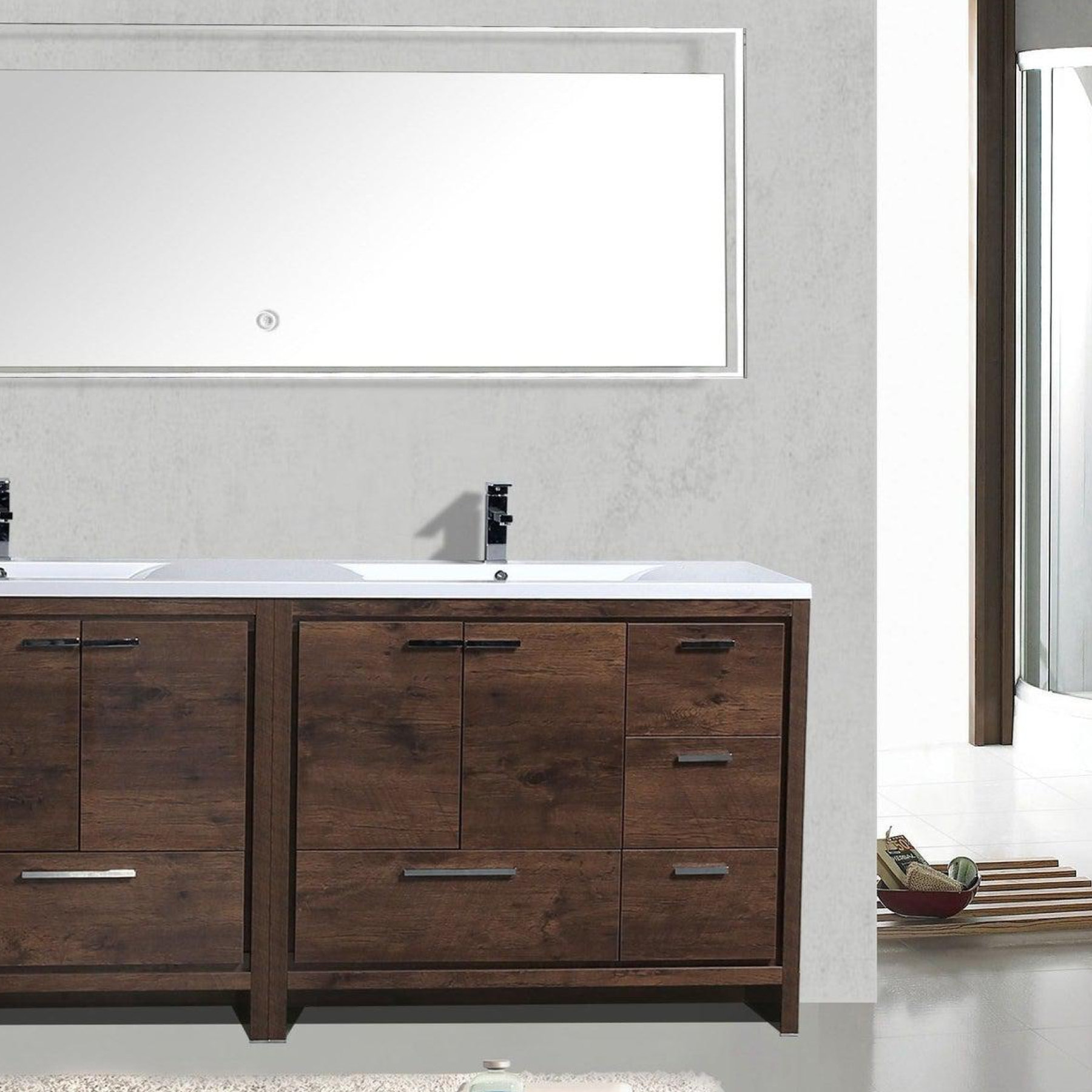Amara 84&quot; Rosewood Freestanding Vanity With Double Reinforced White Acrylic Sinks