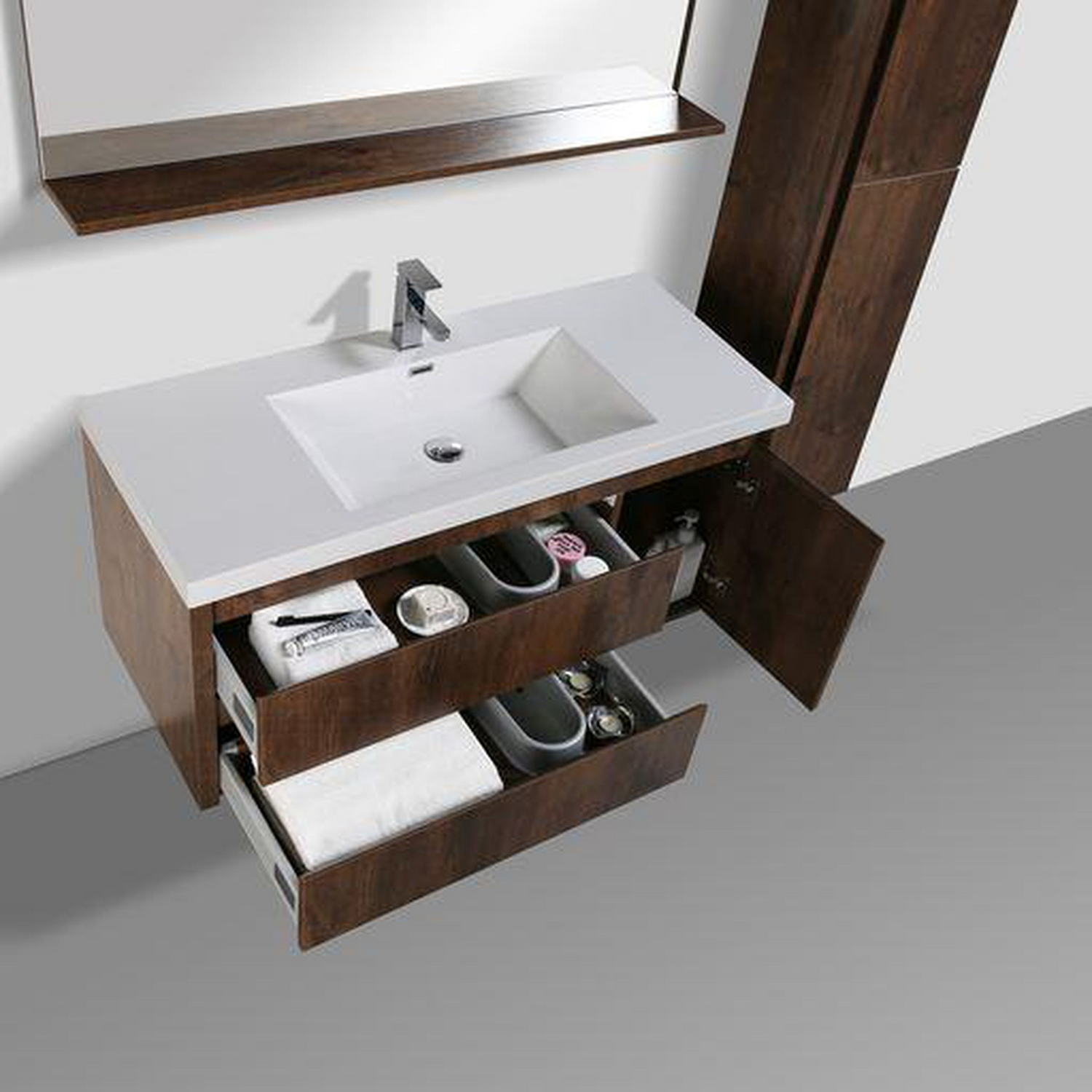 Emerald 48&quot; Rosewood Wall-Mounted Vanity With Single Reinforced White Acrylic Sink (Left Drawer)