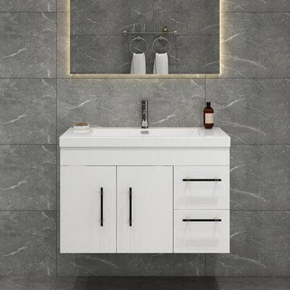 Elara 36&quot; High Gloss White Wall-Mounted Vanity With Right Side Drawers and Single Reinforced White Acrylic Sink