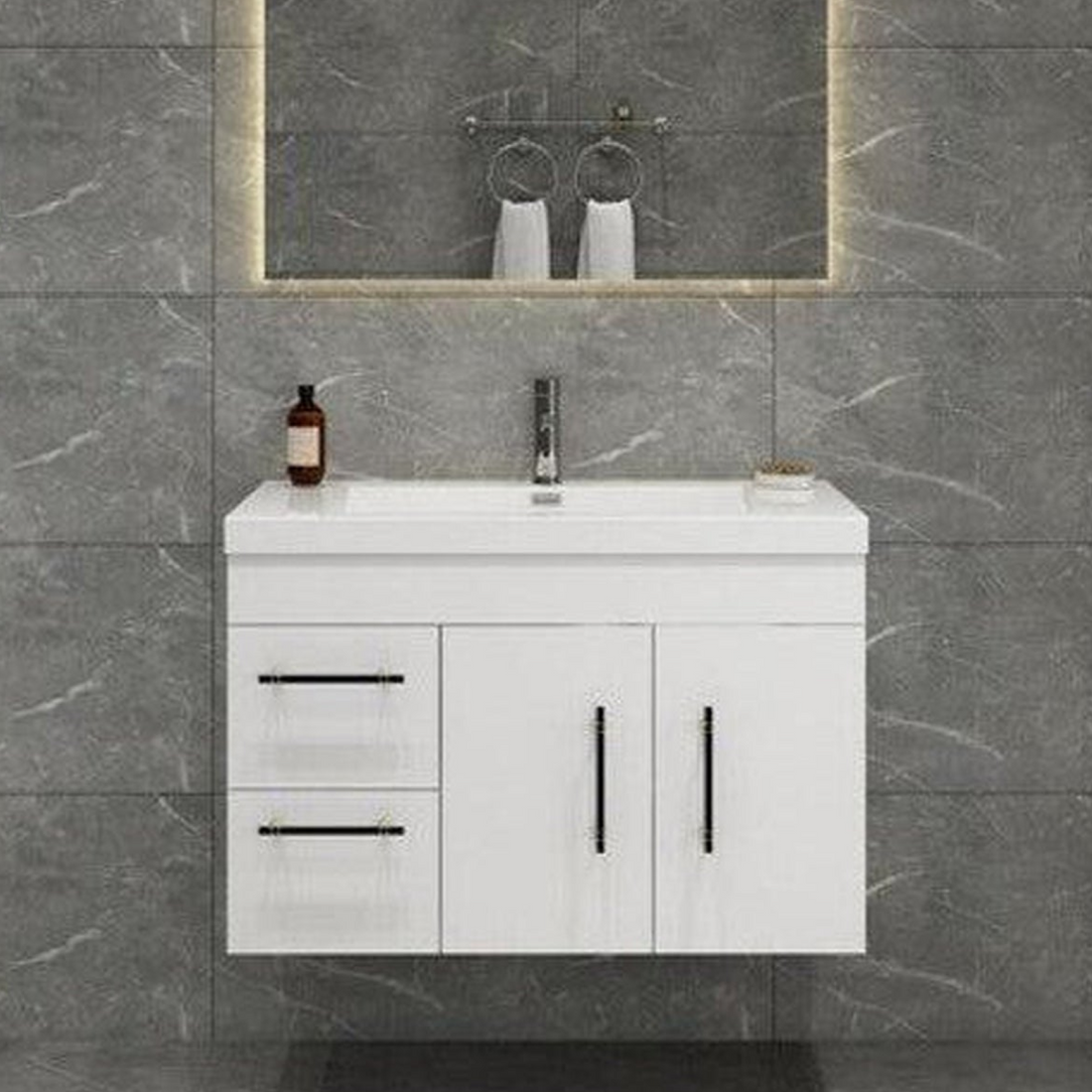 Elara 36&quot; High Gloss White Wall-Mounted Vanity With Left Side Drawers and Single Reinforced White Acrylic Sink