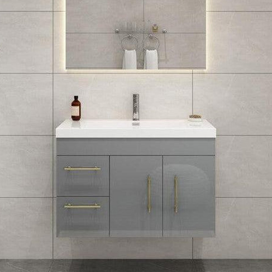 Elara 36&quot; High Gloss Gray Wall-Mounted Vanity With Left Side Drawers and Single Reinforced White Acrylic Sink