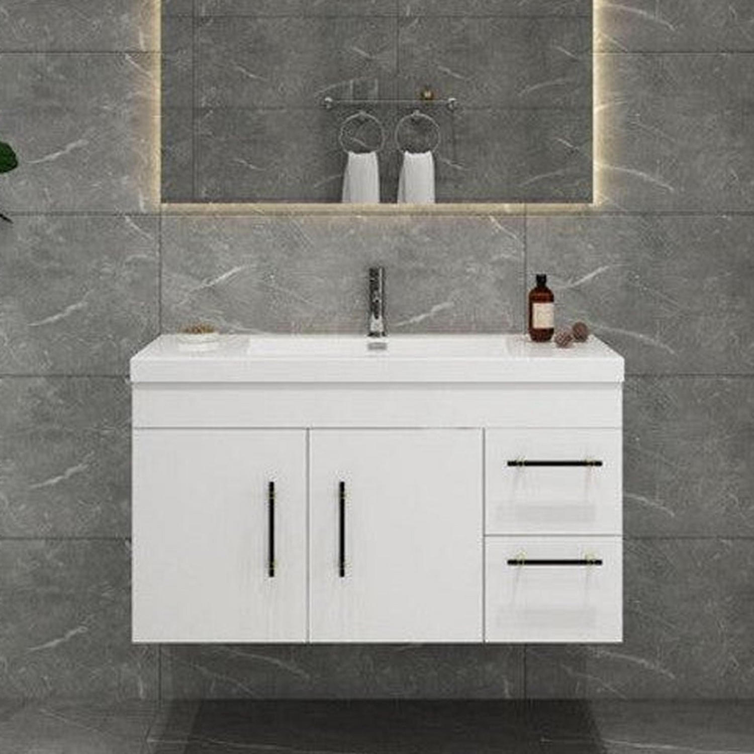 Elara 42&quot; High Gloss White Wall-Mounted Vanity With Right Side Drawers and Single Reinforced White Acrylic Sink